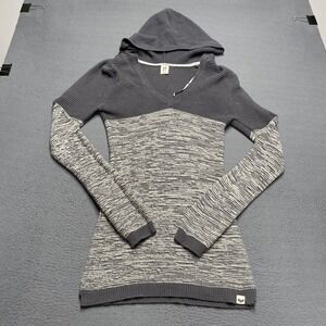 ROXY Sweater Pullover‎ Womens Medium Gray Hooded Waffle-Knit Slim Long Sleeve